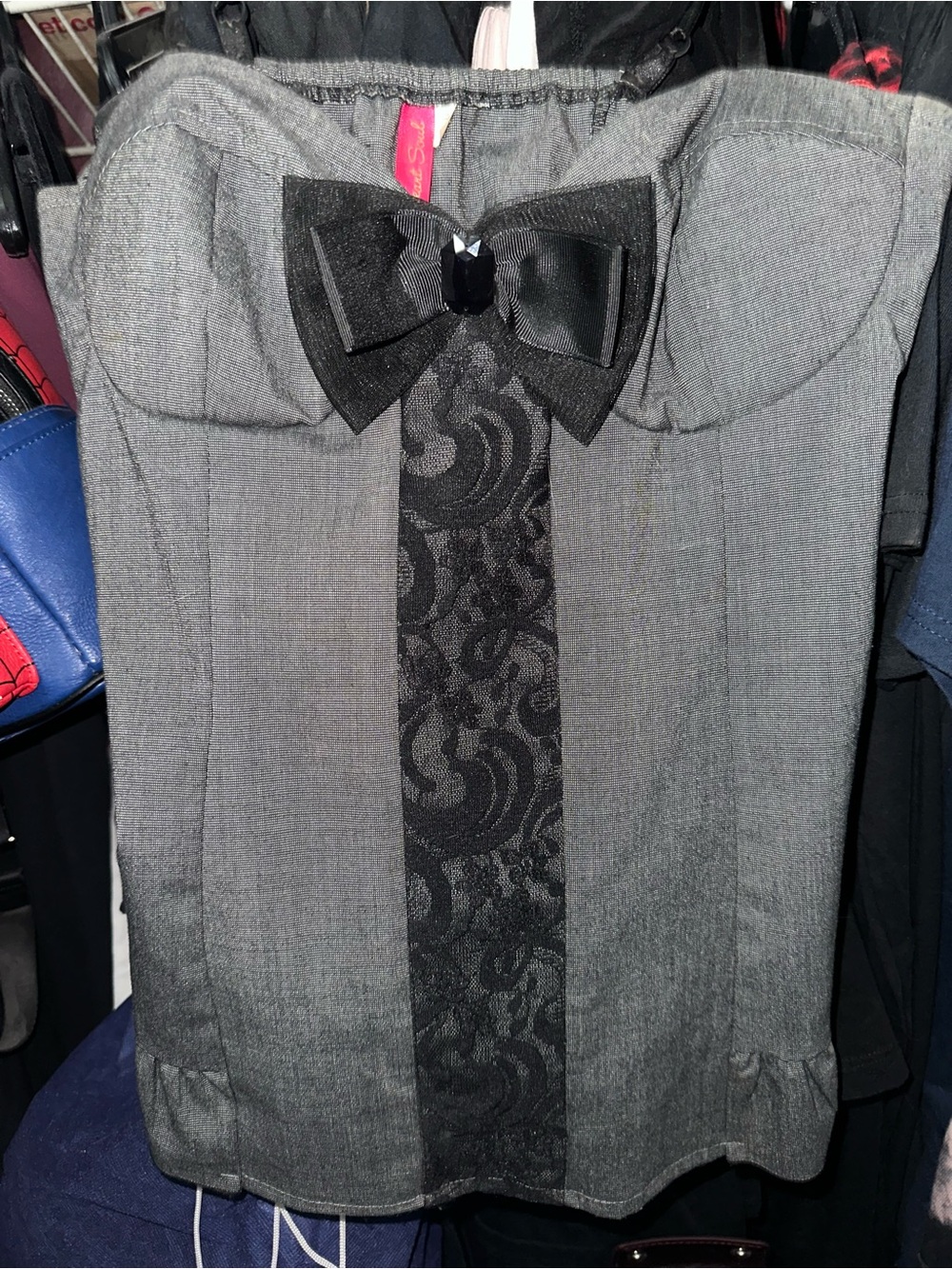 HeartSoul Gray Top with Black Lace Panel & Bow